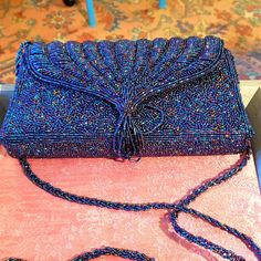 Never Used. Blue Beaded Evening Bag For Party, Blue Beaded Evening Bag For Formal Occasions, Vintage Blue Evening Bag For Party, Blue Embellished Evening Bag For Formal Occasions, Elegant Blue Beaded Bag, Formal Blue Embellished Evening Bag, Blue Beaded Evening Bag, Evening Blue Beaded Bag, Blue Beaded Party Bag