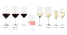 the wine glasses have different types of wines in them, and are labeled with their names