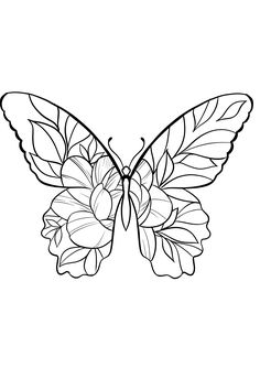 a black and white drawing of a butterfly with leaves on it's back wings