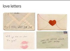 four envelopes with writing on them and one has a heart in the mail box