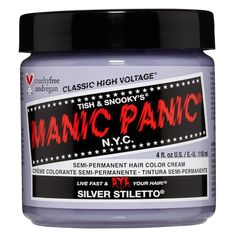 Product Page MANIC PANIC Hair Dye Semi Permanent Hair Color-Silver Stiletto- 4 oz Product Description Classic High Voltage Semi-Permanent Hair Dye Silver Stiletto Hair Dye Color Silver Stiletto is an icy, lavender-tinted silver dye that helps create pale, platinum hair. When applied to already toned, pre-lightened lightest level 10 hair, Silver Stiletto creates stunning light grey locks. Silver Stiletto can also be mixed with your favorite Manic Panic shades to create frosty pastels. Shipping Policy We offer reliable and fast shipping for our products. Our shipping policy includes: Shipping methods: Standard, Express Shipping costs: Free for standard shipping, additional charges for express Estimated delivery times: 3-5 business days for standard, 1-2 business days for express Please note Manic Panic Hair Dye, Manic Panic Hair, Semi Permanent Hair Dye, Hair Shadow, Real Hair Extensions, Hair Toner, Real Hair Wigs, Hair Color Cream, Semi Permanente