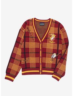 Harry Potter Gryffindor Plaid Women's Cardigan - BoxLunch Exclusive | BoxLunch Harry Potter Cardigan, Gryffindor Outfit, Harry Potter Accessories, Harry Potter Merchandise, Harry Potter Ravenclaw, Harry Potter Outfits, Basic Cardigan, Harry Potter Gifts, Harry Potter Gryffindor