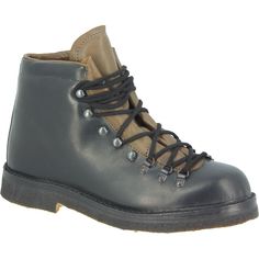 Unisex mountain boot made entirely by hand with full grain vegetable tanned leathers in Italy.  The color is black in contrast with the tongue and the internal lining which is smog color. The colors used can be customized by choosing from the available colors.  The sole is crepe: a natural rubber from a Brazilian plant. Rugged Black Lace-up Boots With Vibram Sole, Black Rugged Lace-up Boots With Vibram Sole, Black Lace-up Hiking Boots With Rubber Sole, Black Lace-up Boots With Rubber Sole For Hiking, Outdoor Boots With Rubber Sole In Vegetable Tanned Leather, Outdoor Boots With Rubber Sole And Vegetable Tanned Leather, Black Rugged Leather Hiking Boots, Black Leather Hiking Boots With Vibram Sole, Black Leather Sole Hiking Boots With Round Toe