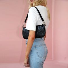 It’s been all about mini bag lately and Naomi takes it to another level. This minimalist shoulder bag is constructed from croc-effect vegan leather with coordinating silver-tone hardware, features an internal pocket and the main pocket with zipper closure. This shoulder bag is all you need to complete your 90's look. Six colors available Vegan Leather Zipper Closure Imported *29cm x 13cm Black Baguette Bag Outfit, Trendy Crocodile Pattern Baguette Bag For Everyday, Mini Shoulder Bag Outfit, Baguette Bag Outfit, Croc Bag, Shoulder Bag Outfit, Baguette Bags, Backpack Outfit, Bag Outfit