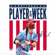 a baseball player holding a bat in front of an american flag background with the national player of the week written on it