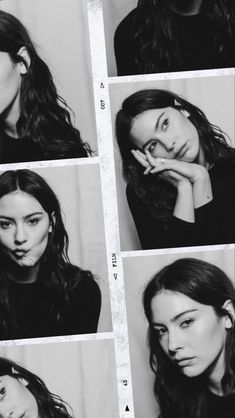 black and white photo of woman's face in various poses with different expressions on her face