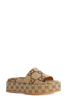 Gucci Angelina GG Logo Platform Slide Sandal (Women) | Nordstrom Designer Platform Sandals, Gucci Platform Sandals Outfit, Gucci Platform Sandals, Platform Sandals Outfit, Gucci Sandals, Fashion Shoes Heels, Platform Slides, Sandals Outfit, Platform Sandals Heels