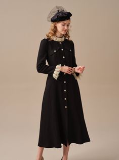 Elegant A-line Midi Dress For Vintage Fashion, Fitted Luxury Tweed Dress With Buttons, Luxury Fitted Tweed Dress With Buttons, Luxury Winter Dresses With Buttons, Elegant Tweed Dress With Buttons For Party, Elegant Long Sleeve Tweed Dress With Buttons, Elegant Party Tweed Dress With Buttons, Wool Buttoned Workwear Dresses, Victorian Style Dresses For Fall