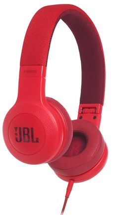 the jbl headphones are red and have black lettering on them, while one ear is