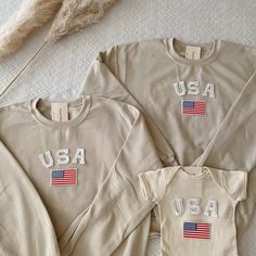 This cute matching Matching 4th of July Family Outfit is perfect for pictures and to celebrate and show patriotism during Fourth of July with your family! IMPORTANT: this is not sold as a set, they need to be ordered individually. We have baby onesies, kid sizes tshirts as well as adult sweatshirts. Kindly just add them to cart individually. - Material is super soft and comfy! ♡ - All our sweatshirts run a Unisex fit. They are naturally oversized, but if you like a more baggy look, we recommend Patriotic White Cotton Sweatshirt, Patriotic American Flag Long Sleeve Tops, White Long Sleeve T-shirt For Independence Day, White Long Sleeve Tops For Independence Day, Patriotic Letter Print Sweatshirt For Independence Day, Patriotic Long Sleeve American Flag Top, Patriotic Long Sleeve Top With American Flag Print, Patriotic Long Sleeve Sweatshirt For Independence Day, Long Sleeve Tops For 4th Of July