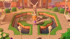 an animal crossing game is shown in the middle of a garden with flowers and statues