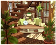 a living room filled with lots of furniture next to a set of stairs and potted plants