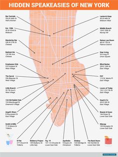 an orange and white map shows the locations of new york's hidden speakeasies