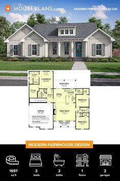 the modern farmhouse house plan is shown in two different colors and features an open floor plan