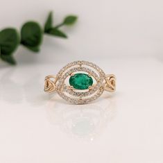 Emerald Ring in Solid 14k Yellow, White or Rose Gold w Celtic Shank and Diamond Double Halo | Oval 6x4mm | May Birthstone | Wide | Infinity 14k Gold Green Emerald Ring With Halo, Green Emerald Ring With Pave Setting For May Birthstone, May Birthstone Emerald Ring With Pave Setting, 14k Gold Green Halo Ring, East West Ring, Double Halo, May Birthstone, Vibrant Green, Green Emerald