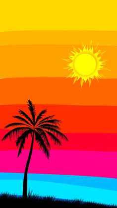 a palm tree in front of an orange, yellow and pink sunset with the sun shining