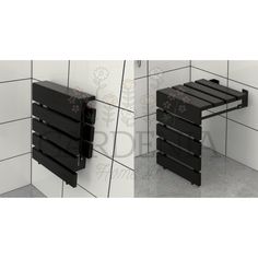 two pictures of the same black shelf in a tiled room with white tiles on the wall