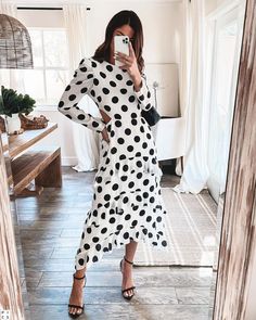 Spring Polka Dot Midi Dress, Polka Dot Spring Midi Dress, Polka Dot Midi Dress For Spring, Polka Dot Knee-length Midi Dress For Spring, Trendy Midi Dress With Ruffles, Fitted Polka Dot Maxi Dress For Spring, Spring Polka Dot Long Sleeve Midi Dress, Spring Long Sleeve Polka Dot Midi Dress, Chic Polka Dot Knee-length Midi Dress