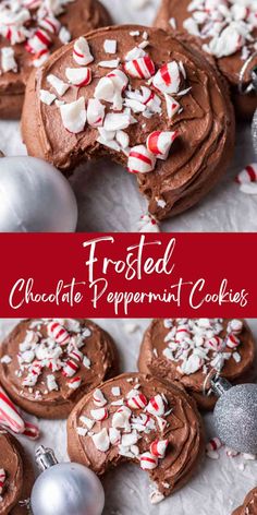 chocolate peppermint cookies with white and red candy canes on top, one is cut in half