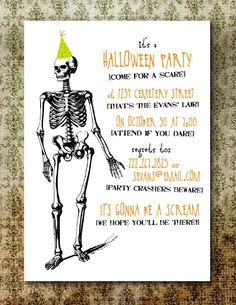 a skeleton with a party hat on it's head and the words halloween party come for