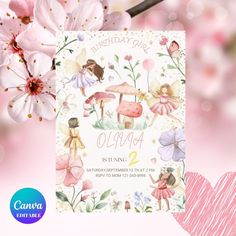 a birthday card with flowers and fairy characters on it, next to a pink heart