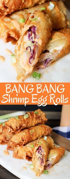 an egg roll is cut in half and stacked on top of each other with the words bang bang shrimp egg rolls