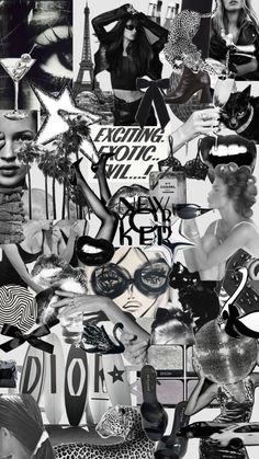 black and white collage with images of women in hats, cats, and other things