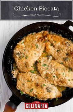 chicken piccata in a cast iron skillet on a white wooden table with text overlay