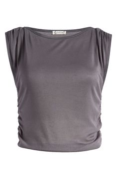 A body-conscious rib follows your curves in this abbreviated T-shirt shaped by ruching at the sides and shoulders. 18 1/2" length (size Medium) Boat neck Sleeveless 100% viscose Machine wash, tumble dry Imported Solid Ruched Tops For Night Out, Summer Night Out Tops With Ruched Back, Stretch Ruched Scoop Neck Tops, Summer Night Out Tops With Ruched Sides, Summer Ruched Sides Top For Night Out, Fitted Ruched Scoop Neck Top, Summer Tops With Ruched Sides For Night Out, Night We Met, Body Conscious