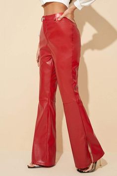 Make a bold statement in these PU leather flare red pants, crafted with an elegant silhouette and fun slit side of leg. Featuring a front zipper and mid rise, these pants are the perfect addition to your wardrobe for the season. Red Leather Pants, Flare Dress Pants, Women Bottoms, Leather Pants Women, Leather Pant, Flare Leg Pants, Red Pants, Faux Leather Pants, Short Sleeved Sweaters