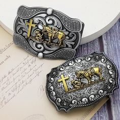 2 Western Horse And Man Of Faith Praying At Cross Belt Buckles. Fits 1.5 " Belt. Belt Buckles Men's, Cross Belt, Western Belt Buckles, Western Horse, Western Belts, Mens Gold, Christmas Wishlist, Western Outfits, Belt Buckle