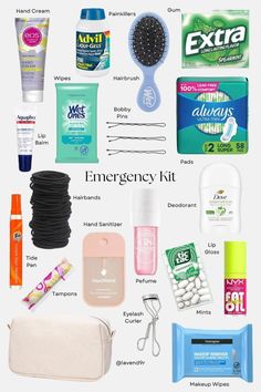 What’s In My Emergency Bag For School, Girly Emergency Kit Back To School, School Hygiene Essentials, Emergency Kit For High School, School Care Bag, Things In Backpack, All School Supplies, Emergency Bag For School Aesthetic, What To Out In Your School Bag