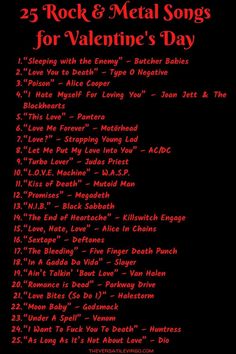 the 25 rock and metal songs for valentine's day poster with red font on black background