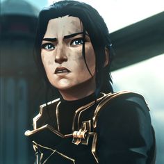 a close up of a person with black hair wearing armor and looking off to the side