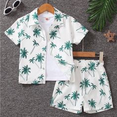 Young Boy Tropical Plants Print Short Sleeve T-Shirt And Shorts Casual 2pcs/Set Size 7y Brand New White Matching Sets For Summer, White Matching Summer Sets, White Short Sleeve Short Set For Summer, Casual Summer Short Set For Playwear, White Short Sleeve Summer Short Set, Playful White Short Sleeve Set, Green Cotton Summer Sets, Matching Green Summer Sets, Green Matching Sets For Summer