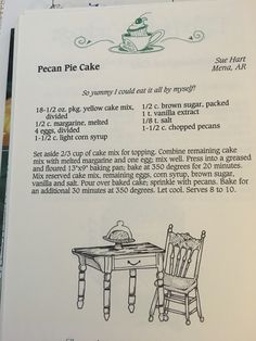 the recipe for pecan's pie cake is shown in an open book with instructions on how to make it