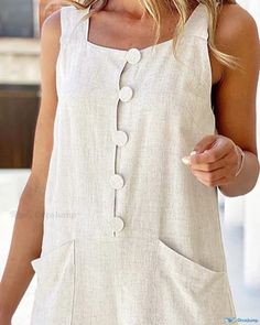 OrcaJump - Sophisticated Sleeveless Button-Up Romper with Pocket Detailing Sewing Paterns, Sewing Clothes Women, Apron Dress, Sleeveless Rompers, Refashion Clothes, Jumpsuit Fashion, Linen Dresses, Linen Clothes, Sewing Clothes