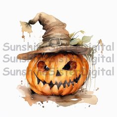 a watercolor painting of a pumpkin wearing a witch hat