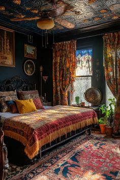 a bed room with a neatly made bed next to a window and rugs on the floor