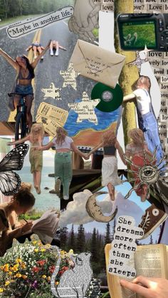 a collage of images with people, animals and flowers on them in the background