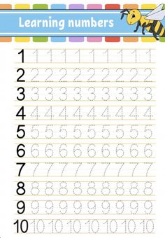 a printable handwriting practice sheet with numbers and a bee on the page, for children to