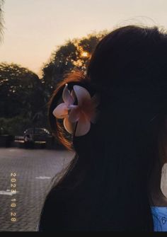 a woman with flowers in her hair standing on the side of the road at sunset