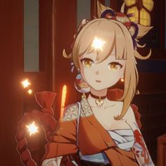 an anime character holding a lit candle in her hand and looking at the camera,