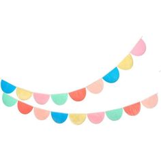 three multicolored paper buntings on a white background