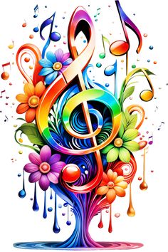 colorful music notes and flowers with drops of water