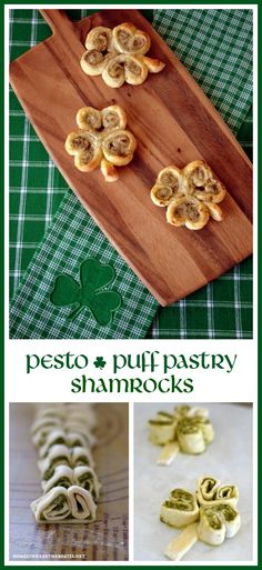 some food that is on top of a cutting board and in front of a green table cloth