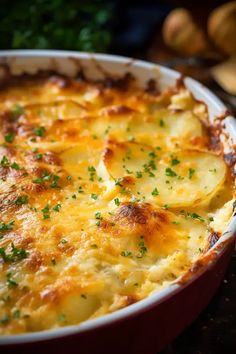 a casserole dish with potatoes and parsley