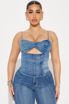 Available In Medium Wash. Denim Cami Top Sleeveless Adjustable Straps Boning Detail Sweetheart Knot/Twist Front Cut Out Detail Back Zipper Closure Stretch Self: 80% Cotton 17% Rayon 3% Spandex Imported | Sneak Peek Denim Top in Medium Wash size XS by Fashion Nova Denim Corset Top, Luxe Clothing, Denim Corset, Two Piece Pants Set, Makeup Makeover, Women Shirts Blouse, Top Sleeveless, Twist Front, Fashion Chic