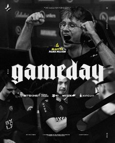 an advertisement for the gameday event featuring two men in black shirts and one man with headphones on