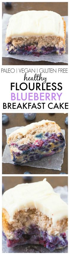 blueberry cake with white frosting on top is cut in half to show the layers